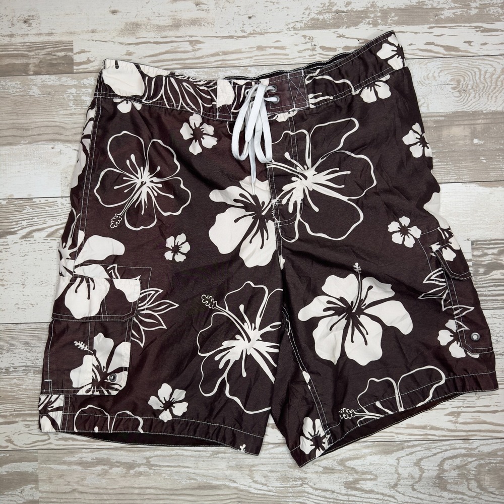 Merona Board Shorts Men Large Brown Floral Cargo Pockets Beach Swim